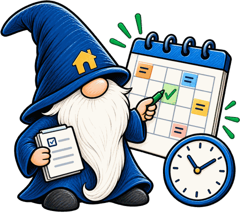 Profy, the Profylist gnome, with a calendar and a clock: reminders are part of My Home