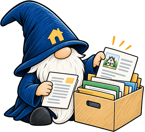 Profy, the Profylist gnome, with a box of documents