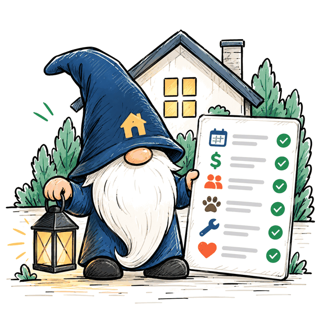 Profy, the Profylist gnome, with a lantern and a home checklist in front of a house